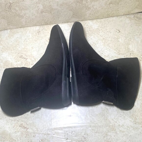 Black Faux Suede Slip On Ankle Boots With Buckle Detail & Rubber Sole - Picture 5 of 7